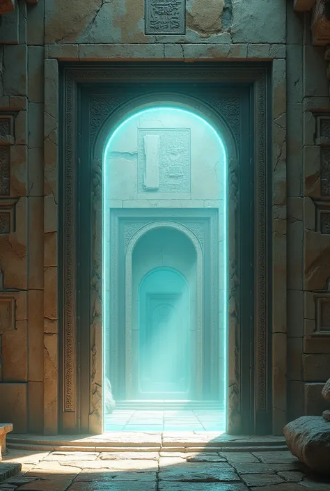 Une porte large interdimensionnelle futuriste, incorporée dans un temple antique.