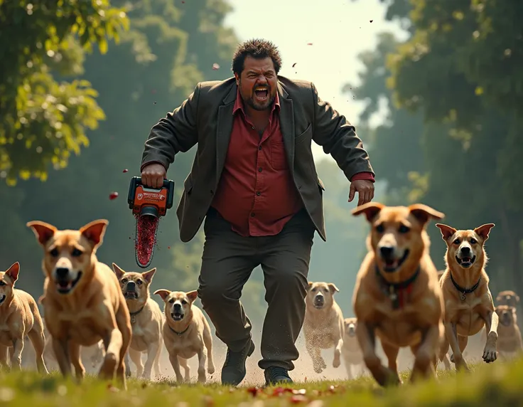  image of Brazilian television presenter Fausto Silva or better known as Faustan ,  where he is running after dogs that are very scared , He is very angry and very nervous and full of hate to kill them ,  he is holding an electric saw filled with blood ins...