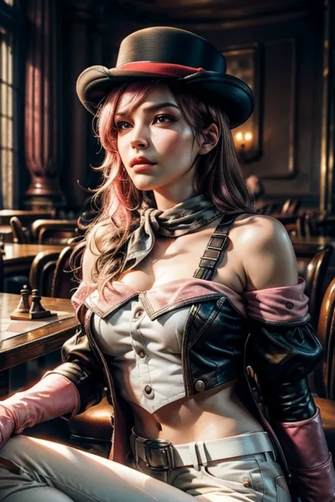 pink and brown hair, multicolored hair, neopolitanatlas, bowler hat, grey scarf, white gloves, white shirt, off-shoulder shirt, black sleeves, midriff, white belt, white pants, (sitting in chess-themed cafe), cowboy shot, masterpiece,stunning girlfriend, h...