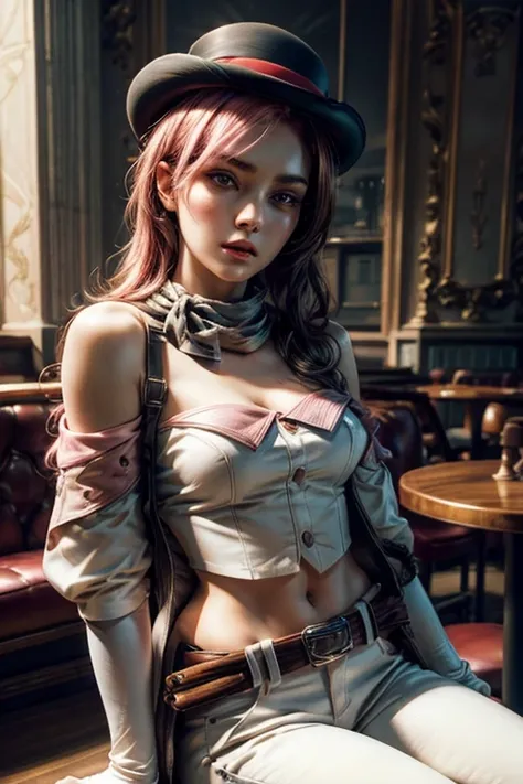 pink and brown hair, multicolored hair, neopolitanatlas, bowler hat, grey scarf, white gloves, white shirt, off-shoulder shirt, black sleeves, midriff, white belt, white pants, (sitting in chess-themed cafe), cowboy shot, masterpiece,stunning girlfriend, h...