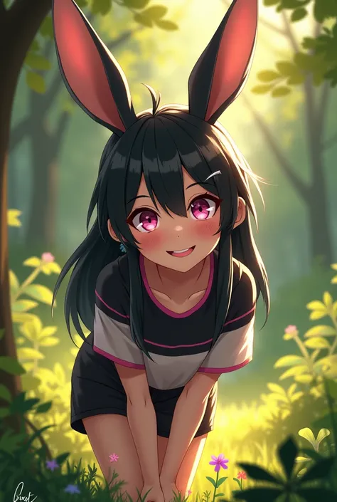 score_9, score_8_up, score_7_up, score_6_up, score_5_up, score_4_up,  forest, dappled sunlight, nature BREAK
1girl, furry, solo, female, rabbit girl, black fur, black hair, long hair, hair between eyes, sidelocks, pink eyes, smile, teeth, striped shirt, bl...