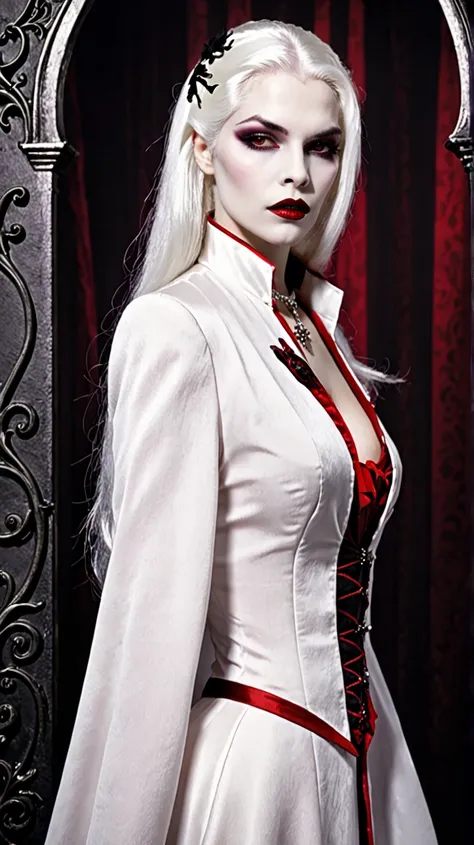 Very feminine vampire woman, straight white hair,  rouge à lèvre rouge , sexy, 