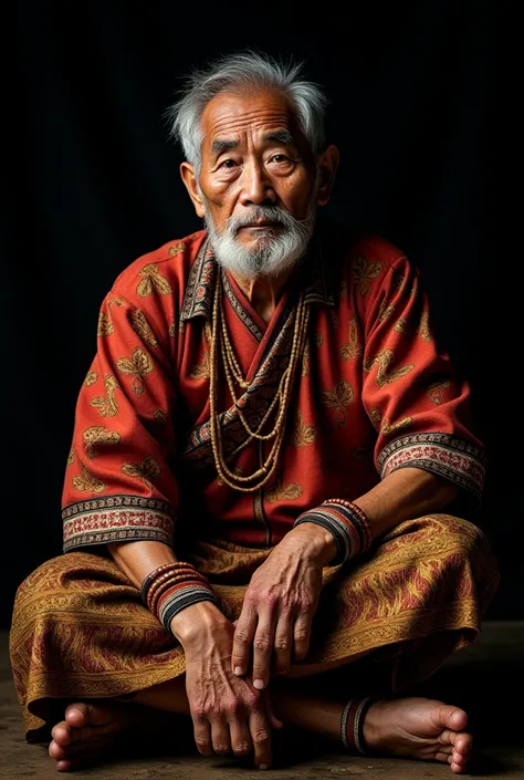 Portrait of a indonesian man in traditional attire, wearing traditional clothes, sitting on the ground against black background, photography by Jimmy Nelson for National Geographic magazine, cinematic light, hyperrealistic, hyperdetailed, volumetric lighti...