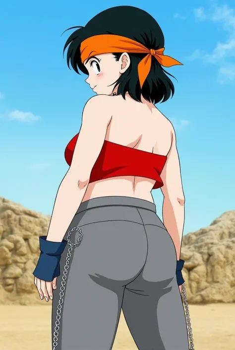 1girl, Dragon Ball GT Pan, red crop top exposing her midriff, sports an orange bandana on her head, chains on the right side of her gray capris jeans and finger-less gloves, race white, black hair, curvy. From Behind, short hair, thicc, blue sky, rocky was...