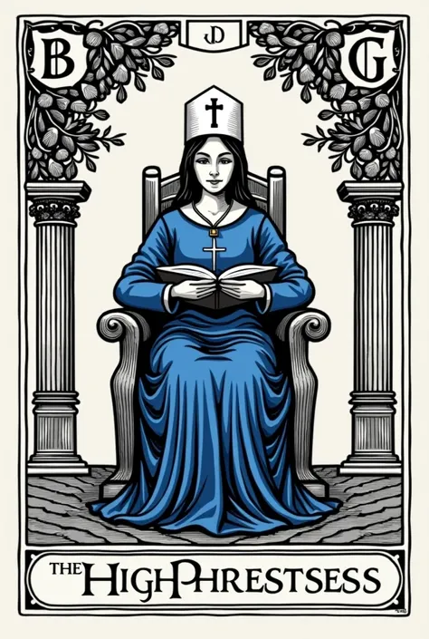 The image is a tarot card, specifically the High Priestess. It is a black and white illustration of a woman sitting on a throne, wearing a blue robe and a white hat with a cross on it. She is holding a book in her hands and appears to be reading it. The ba...