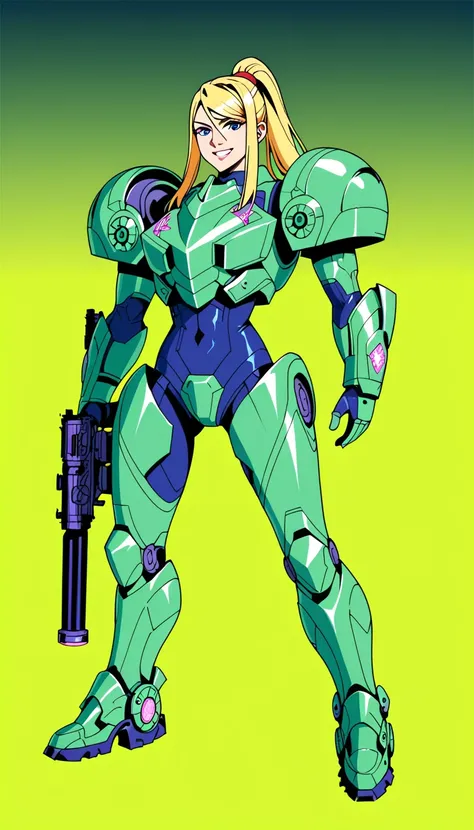 Masterpiece,best quality,1girl,solo,vector art,cowboy shot,((lineart,limited color palette)),shoulder cannon,dark (theme), green (theme),neon,futuristic,glow,mecha,gradient blonde hair,((Marin Kitagawa)),smile,Samus Aran, Parrley_armor, suit of armor,with ...