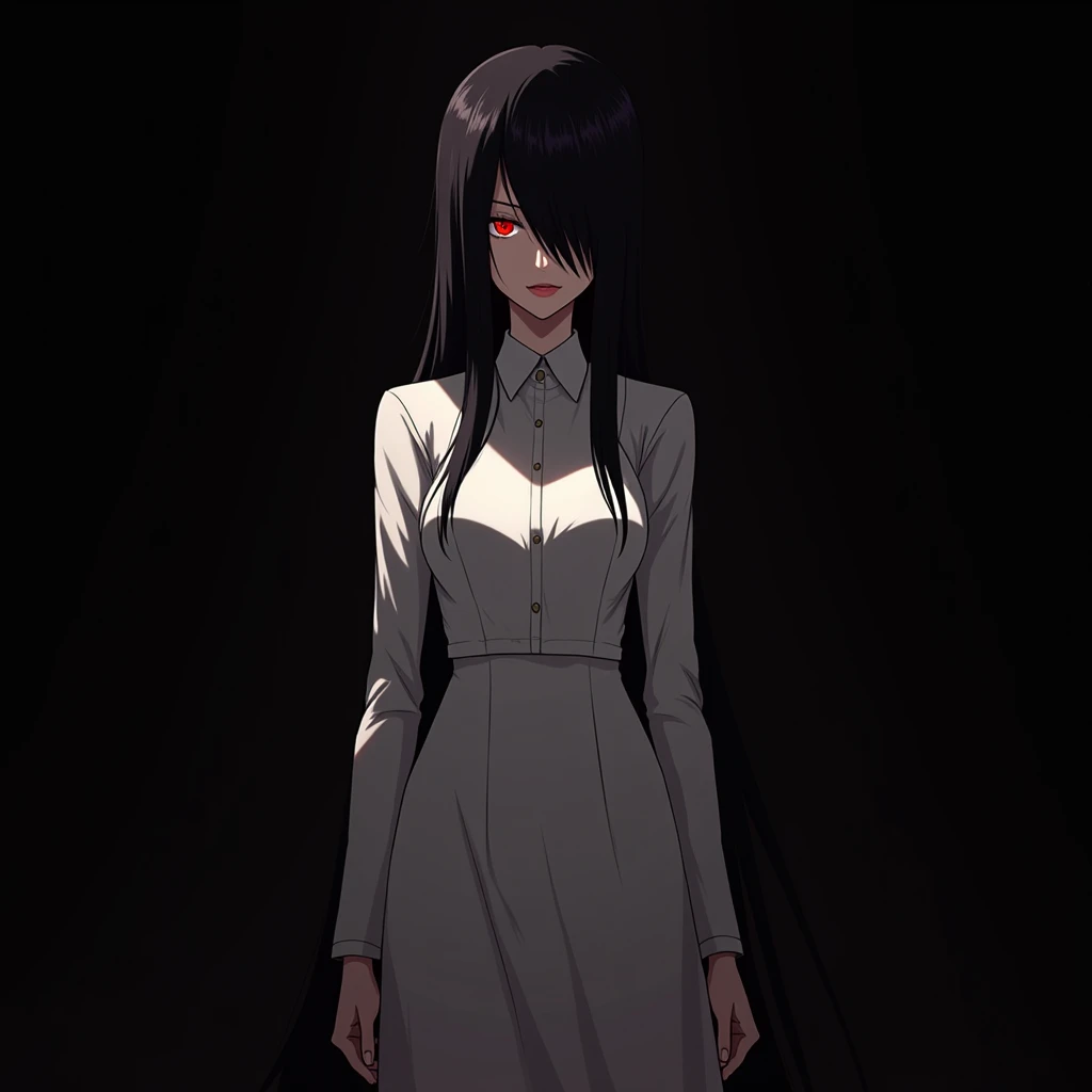 dark shadow shilloute an evil 30 year old female wearing a simple white dress with long sleeves with long black hair covering one of her red eyes while standing in an intimidating pose while facing side-ways but looking down at the viewer with a death star...