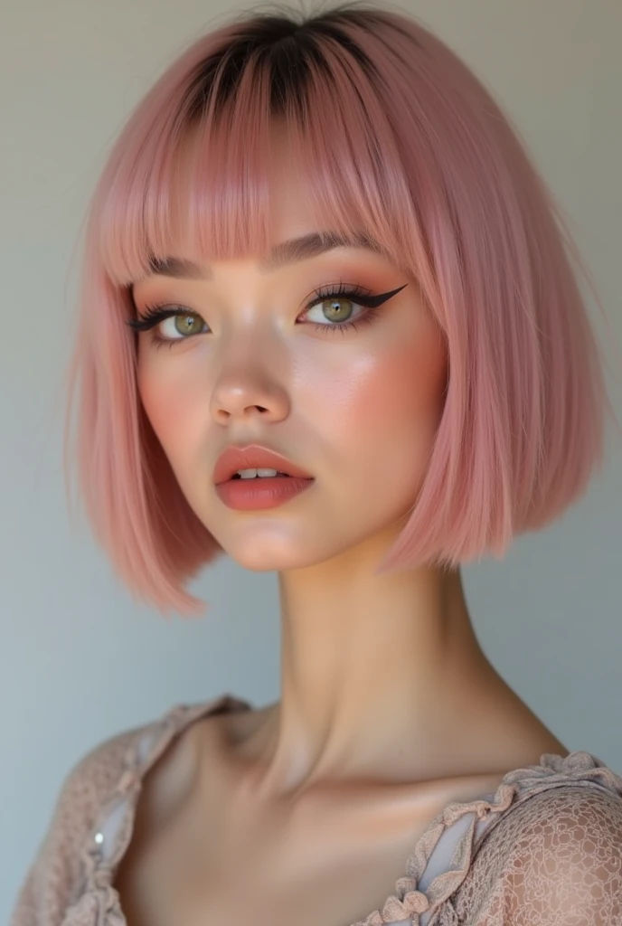   Create a new woman from this image  , she is 20 years old,  est dorigine hispanique et aussi chinoise ,   she is naturally beautiful  .   She has a short haircut  , Chanel type ,   ,   with thick pastel pink bangs .   She has well-designed eyebrows  ,   ...