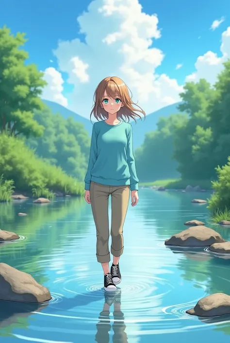 Anime girl, standing in river, one feet on a rock, other feet in the water, medium long light brown hair, Turquoise eyes, sky blue long shirt with long sleeves, light brown pants, black skater shoes