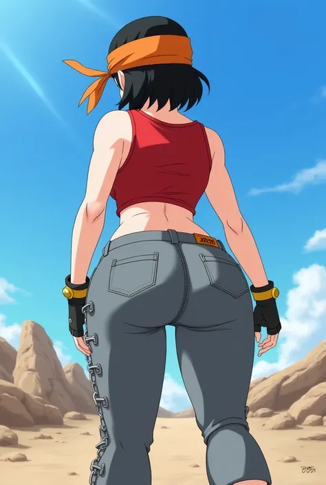 1girl, Dragon Ball GT Pan, red crop top exposing her midriff, sports an orange bandana on her head, chains on the right side of her gray capris jeans and finger-less gloves, race white, black hair, curvy. From Behind, short hair, thicc, blue sky, rocky was...