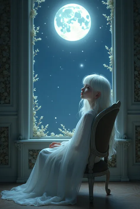 A pretty white-haired girl sitting in a chair watching the moon