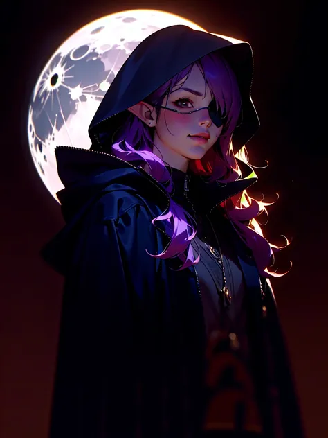 A beautiful detailed woman with long elf ears, long curly purple hair, evil smug smile, holding out hand, black coat, eye patch, shorts, hood up, black background, moon background, (best quality,4k,8k,highres,masterpiece:1.2),ultra-detailed,(realistic,phot...