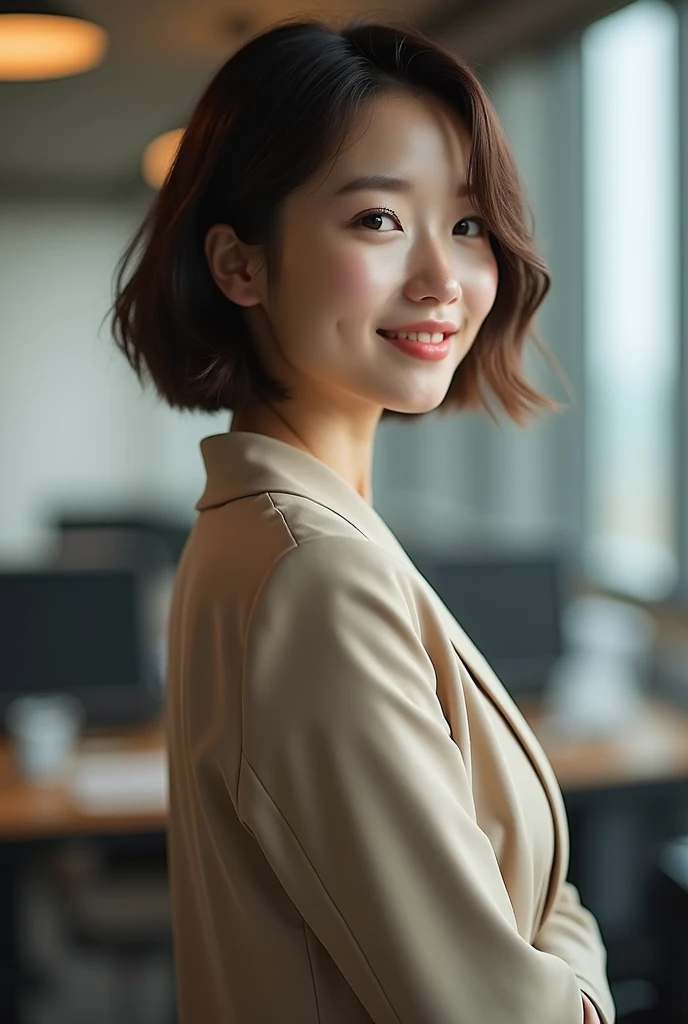 South Koreas 20-year-old female tycoon,  with short brown hair, slight smile, shy side view