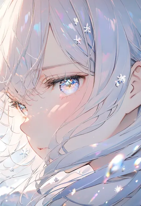 [ girl、light blueの髪、Long Hair、Sparkling Hair]， blue and white background , (真っwhite風景), (white), (snow), ❄️, winter, Pouting mouth, light blue,