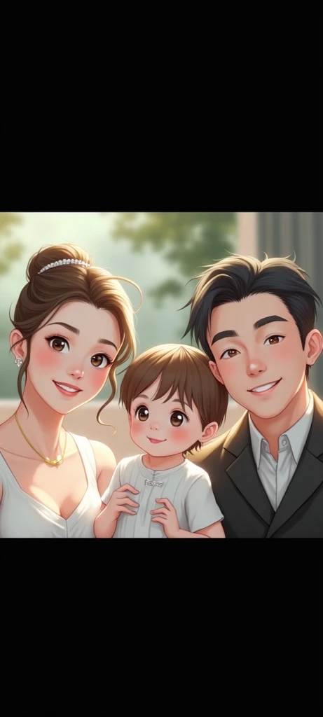 Make me a beautiful family ,  with a brunette mother with dark eyes and tied hair  ,  a father with light eyes and dark hair and a ,  with light eyes and brown hair smiling 