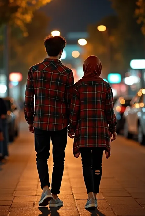 A 30 year old Korean couple is strolling around the city of Jogja wearing flannel style clothes with black pencil pants with a variation of a tear on the knee wearing sneakers ,woman wearing hijab syarii pasmina,with a dark background of the beautiful city...