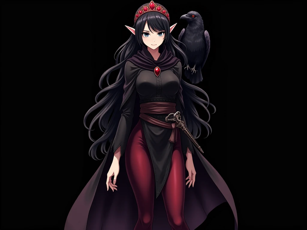 anime dark shadow shilloute  a female elf with long black wavy hair and dark gray eyes, wearing a red tiara, wearing a black tunic with a lowered hood, with dark red leggings, wearing a belt with an elven dagger, thin body frame, with a raven on her should...