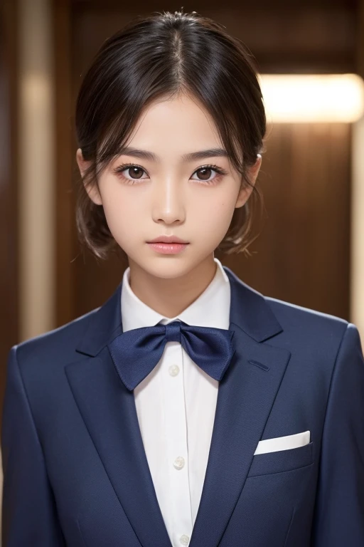 cute、 chugakusei , 12age,
 with impressive sharpness and glamor 、 Slender Eyes、Strong eyesight、 slightly cool impression
They have high cheekbones and a firm skeleton、Eyebrows are a little thick、boyish hairstyle 、navy blazer, long pants, necktie
 have heal...