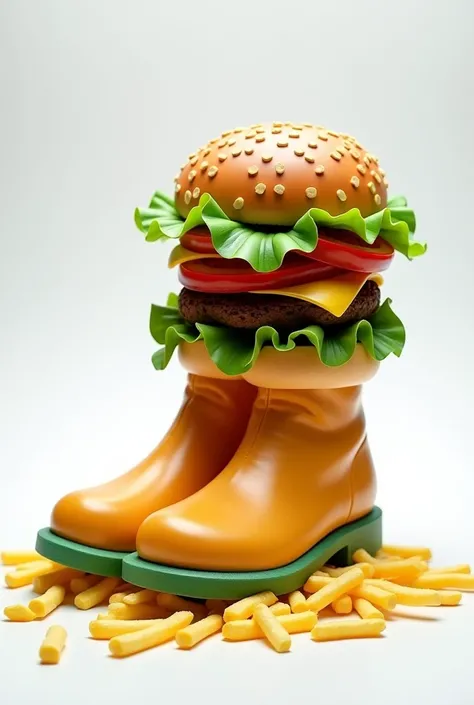 "boots,  made in the style of a ,  burger , слоями салата, cheese,  tomatoes and meat patty .  The design is realistic and detailed .  on a white background ,  lettuce layers depict ,  The sole is made of crispy french fries {x} to emphasize their uniquene...