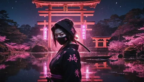 8k,masterpiece,best quality,when no one is around,a female ninja wearing a stylish and cute ninja hoodie maiko style showing off...