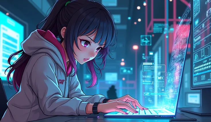 A hacker girl frantically typing with holograms all around. Make it anime style