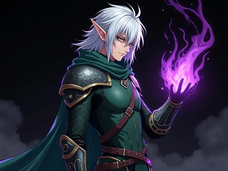 anime dark shadow shilloute  a an elf with white hair, grey eyes, with a large burn scar on one side of his face and eye, wearing green elven leather armour, with purple energy swirling around one arm while standing in an intimidating pose while facing sid...