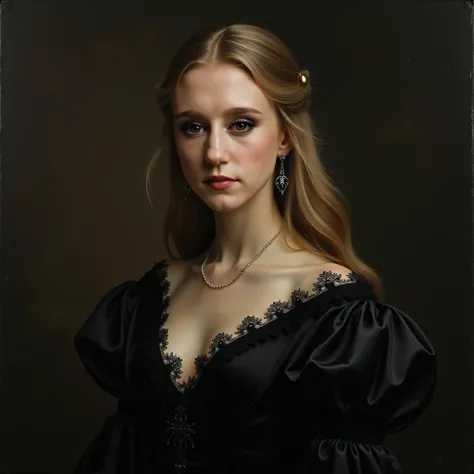 portrait of Taissa Farmiga with blonde hair, pale skin, green eyes, gothic makeup, black clothes, as Queen Victoria from England