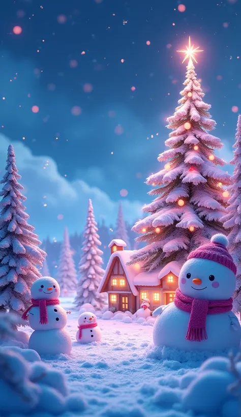 「The MerryChristmas 」 background should be a neon blue and pink gradation with snowmen and super cute small s, small village city, a Christmas tree and minimal puffs in the shape of Santa and reindeer。