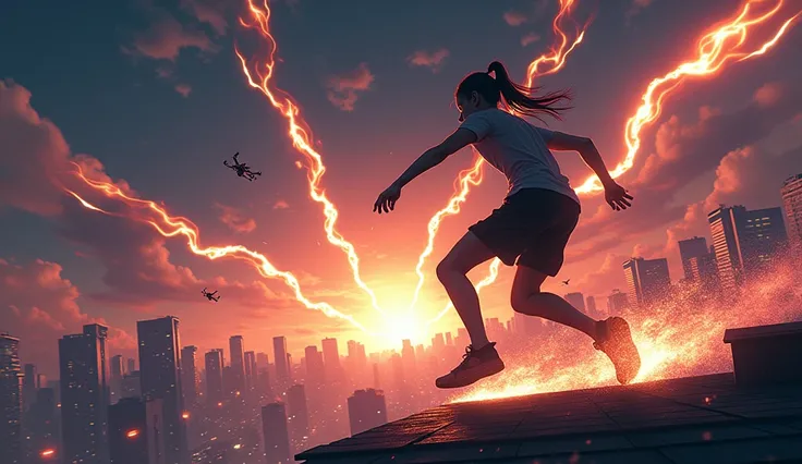  The protagonist runs on a roof ,  avoiding drone shots .

Explosions light up the sky .

 Stylized fights show characters using special abilities, like fire,  electricity and shadow manipulation . Make it anime style