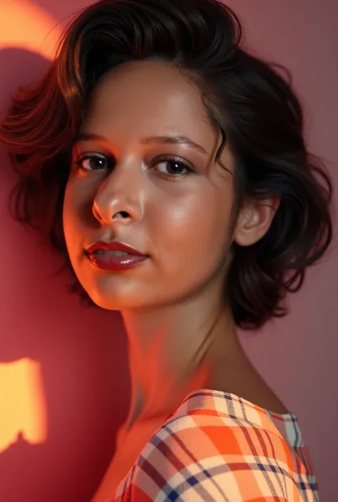 A young woman, short curly hair, makeup, create a character 