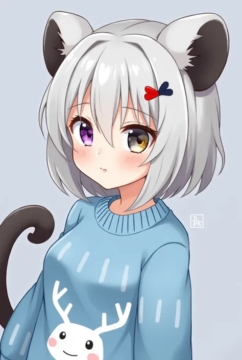 a  girl with possum ears and tail, short silver hair with eyes with heteronomy eyes, the left purple with yellow below and the right black with navy blue below, wearing a light blue sweater with a white Christmas print