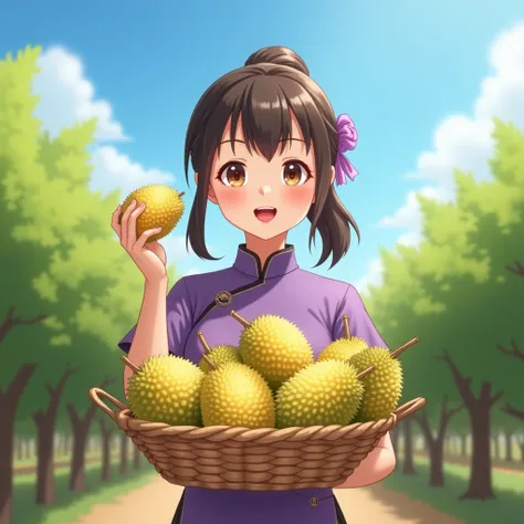 Realistic style, a  is facing the camera with a basket of durian in front of her. She is holding a big yellow durian in her hand, ready to eat it, with a very happy expression. The girl is wearing a purple cheongsam, and the background is a durian orchard....