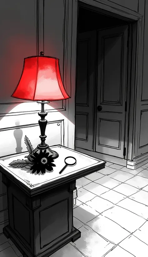 Black and white illustration, Sketches style of a courtroom with a nightstand with a black flower and a detectives magnifying glass. Illuminated by a red lamp. Wide shot.


#txoxifrmle