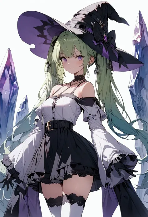 (masterpiece),(best quality),(ultra-detailed),(best illustration),(best shadow),(detailed background), 1girl, solo, hat, gloves, thighhighs, witch-hat, long-hair, black-gloves, green-hair, simple-background, belt, white-thighhighs, twintails, purple-eyes, ...