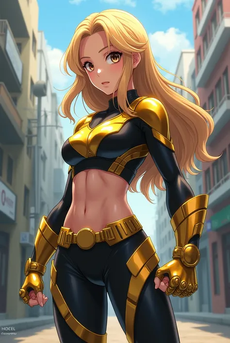 My Hero Academia Style , Anime girl, female, young female ,Full Body Shot,(fighting stance:1.3),Long hair, Yellow Hair,  Brown Eyes,Hero Suit, Full Body Suit, Gold suit with Black details, perfect anatomy,  Toughened Abs,super detailed,(Buildings:1.2）