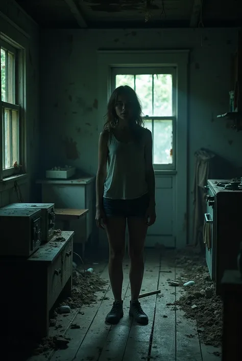 Woman standing inside creepy dark old cabin
