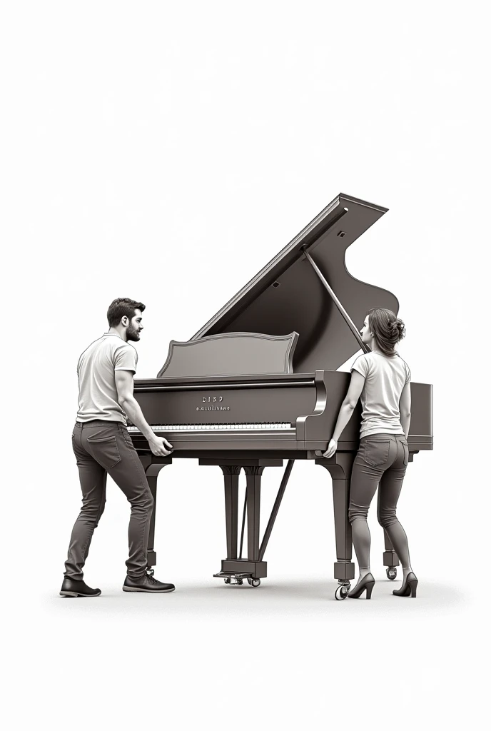 A DRAWING with a white background of a man and a woman raising a large piano, each one on one side