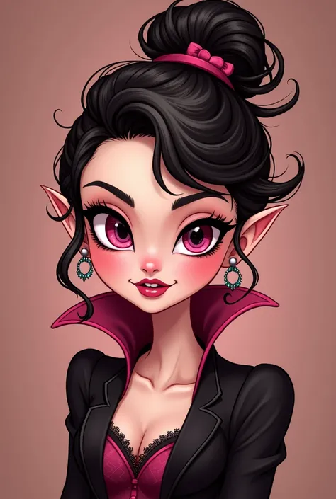 A cartoon-style vampire girl who is very striking in teas or a brown color, has a good hair style and who has shades of pink.