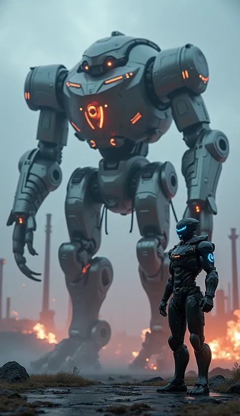 Create a 9:16 photorealistic image of " In a dark futuristic setting ,  a gigantic Hydra Mecha and an advanced humanoid robot Alongside ,  ready to face a common enemy . The Hydra Mecha ,  with its shiny metallic body , It displays several heads equipped w...