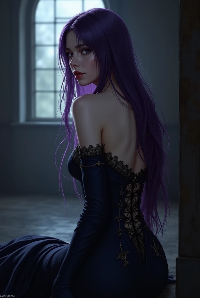 A rear-view of a woman with long, , anime, chainsaw man art styles, dark purple hair, wearing a dark-navy, gothic-inspired dress with lace and a spiderweb-like pattern, intricate back detailing, and arm coverings, sitting in a dimly lit room; the image sty...