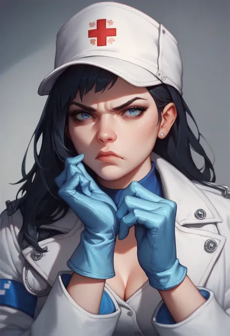  1girl, ((blue long medical gloves)), (white coat), (cap),  long black hair,  looks at the viewer ,  duration , One, emotion of disgust 

