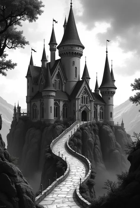 Friendly inviting magic castle in black/white