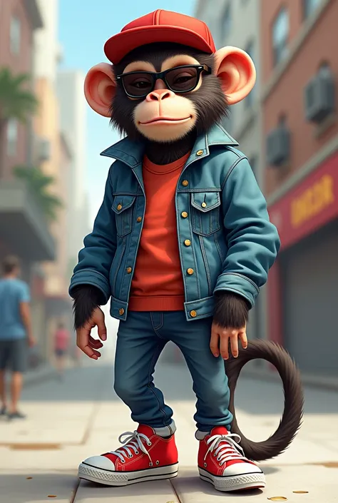 DRAWING OF A COOL MONKEY (ANIMAL) WITH A DENIM JACKET, RED CAP, SUNGLASSES AND RED COVERSE SNEAKERS