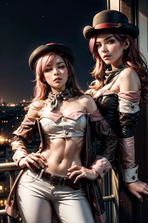 pink and brown hair, multicolored hair, neopolitanatlas, bowler hat, grey scarf, white gloves, white shirt, off-shoulder shirt, black sleeves, midriff, white belt, white pants, (standing on balcony, skyscraper penthouse), night, stars, cowboy shot, masterp...