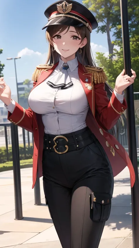 masterpiece, best quality, highres, aanitta, long hair, (black peaked cap), earrings, big breasts, muscular body, military uniform, epaulettes, badges, (black shirt:1.2), (white ascot), black sleeves, long sleeves, black pants, belt, cargo pants, idolmaste...