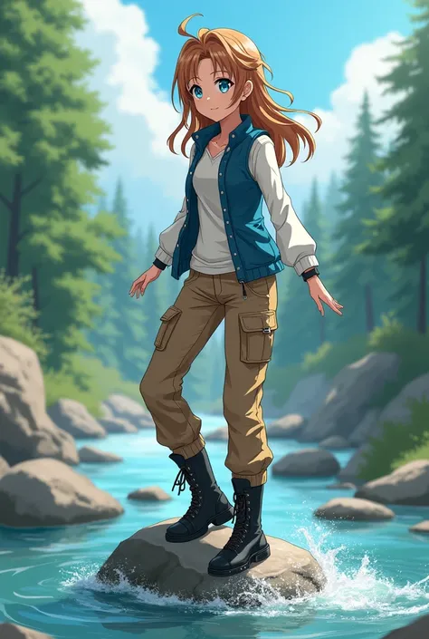 Anime girl, focus on her feet, wading through a wild river, left feet on a rock, right feet in the water, medium long light brown and dark blonde wavy hair, sky blue eyes, sky white shirt with long sleeves, blue vest, light brown cargo pants over the boots...