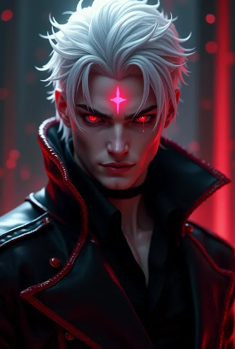 A super handsome man, white hair, red eyes, long black clothes with red, a pink mark on his forehead, face, smiling, seductive.