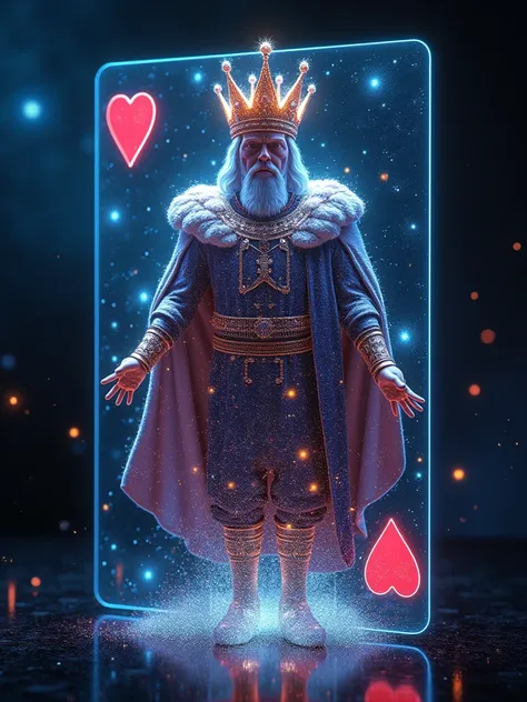 The King of Hearts card transforms into a 3D hologram that appears to be made of cosmic energy. As the King emerges, stars and galaxies swirl around him, creating a sense of traveling through the universe. The Kings attire is adorned with celestial pattern...