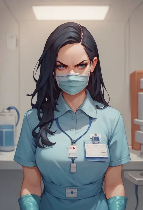  1girl, ((wears blue medical gloves)), ( casual wear ), ( medical mask ),  long black hair,  looks at the viewer ,  duration , One, emotion of disgust 

