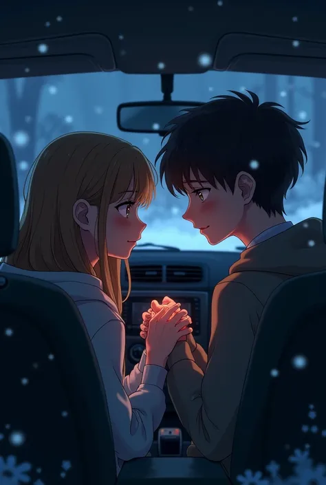  a boy 19 and a girl. The boy holds her hands  .  they are in a car trying to calm down. It is dark night and there is snow. (anime/realistic)